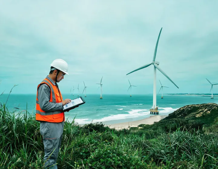 Wind turbines at a coastal renewable energy project