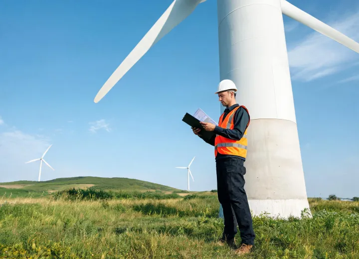 Wind project technician reviewing service documentation